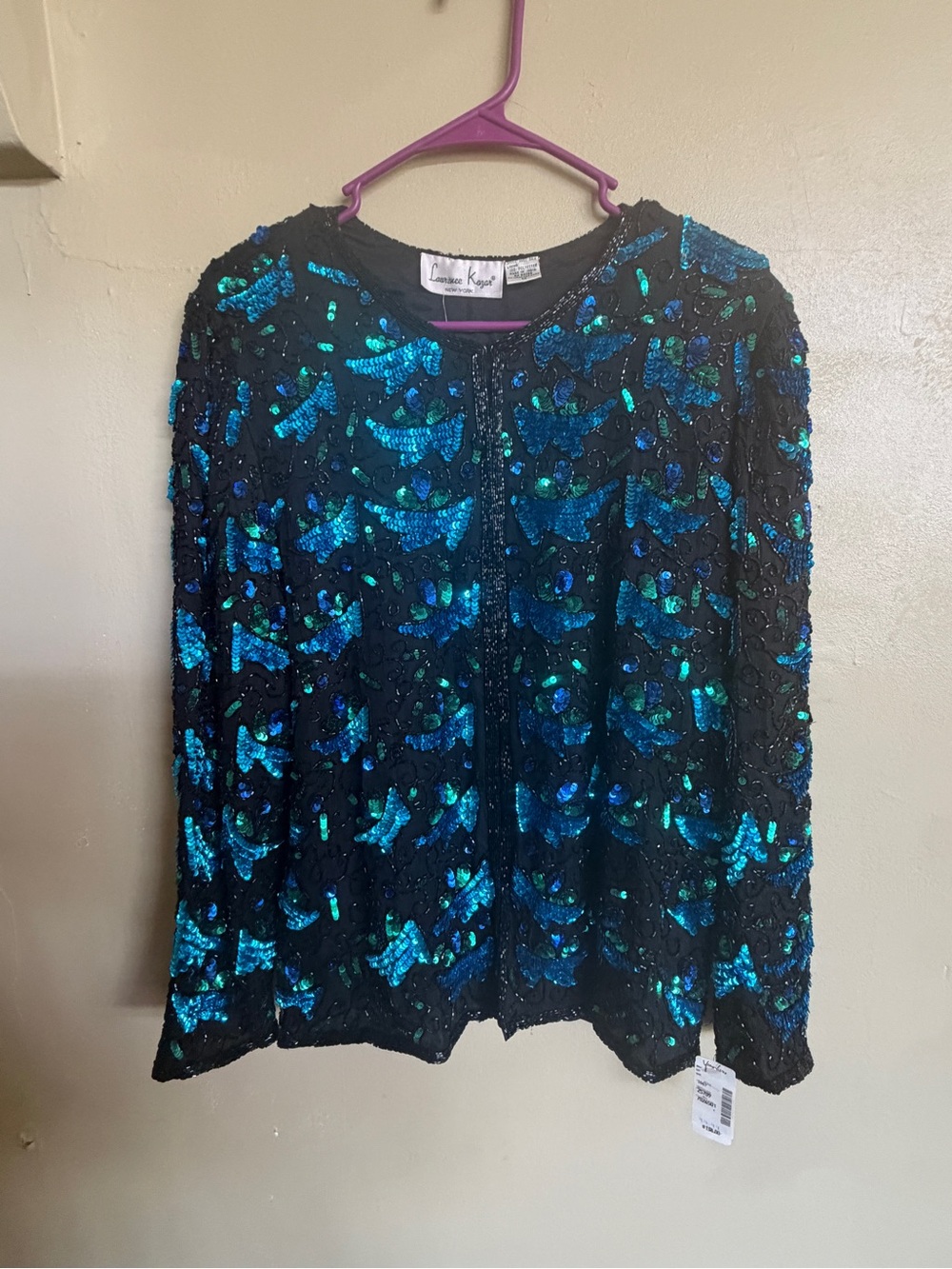 NWT Laurence Kazar 100% Silk Sequin Beaded Jacket Top M Blue Teal